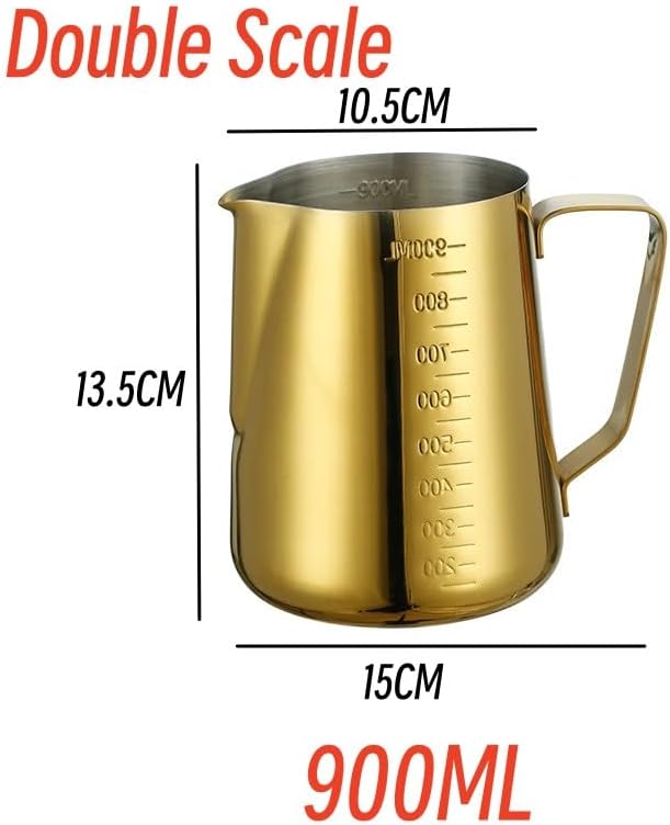 900ML Stainless Steel Pitcher Coffee Frothing Jug Pull Flower Cup Cappuccino Milk Pot Espresso Cup Latte Art Milk Frother Jugs(Gold With Scale,900ML) - Image 2