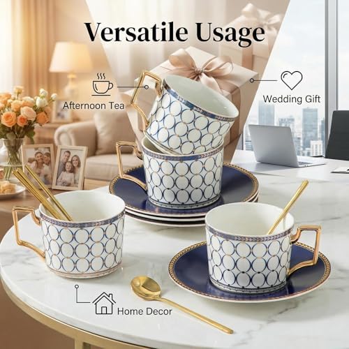 CwlwGO-Bone China Cups & Saucers Set 4, (7 oz) with Gold Spoon and Gifts Box, White Tea Cups Sets, Cappuccino Cups, Ceramic British Coffee Cup Set. - Image 7