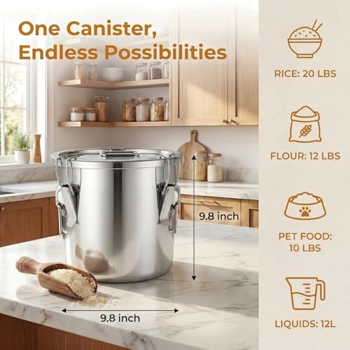304 Stainless Steel Food Containers with Lids,12L/20LBS Airtight Food Storage Containers with Lock Clips for Flour Rice Sugar Coffee Bean,Stainless Steel Food Storage Containers for Kitchen - Image 3