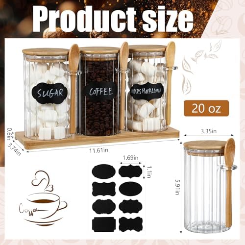 Set of 3 Glass Coffee Container with Bamboo Lids Spoons Labels 25 oz Clear Airtight Jar Food Storage Canister Set for Coffee Tea Sugar Decorative Countertop Organization Jars(Light Wood) - Image 3