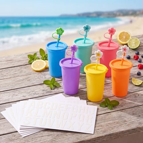Reallnaive 12 Pack Plastic Party Cups with Lids and Straws 14 oz Reusable Bulk Tumblers Reusable Cups with Lids with Letter Sticker and Straw Cap for Birthday Holiday Events Party Decoration Supplies - Image 6