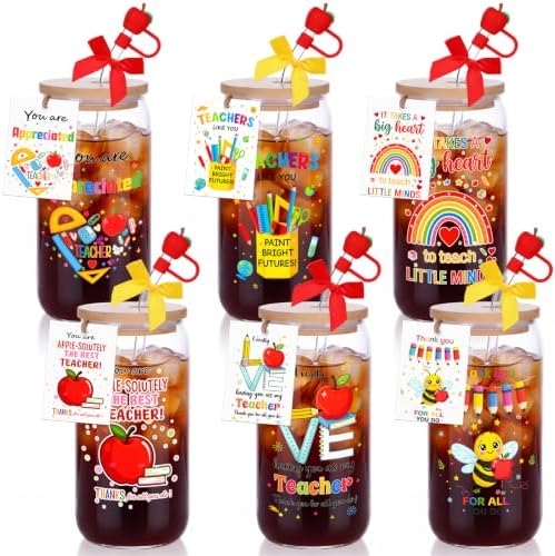 Vesici 6 Set Teacher Appreciation Gifts Thank You Glasses Cups 16 oz Drink Cup with Lid Straw and Stopper Can Shaped Beer Tumbler Christmas Appreciation Gifts with Cards and Bow for Party Favor by Vesici