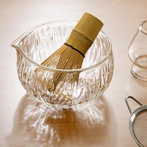 DWEHIXBUY Japanese Tea Set (7pcs) Matcha Whisk Set Matcha Bowl with Pouring Spout Bamboo Matcha Whisk (chasen) Scoop (chashaku) Matcha Whisk Holder Tea Making Kit. WHITE GLASS - Image 5