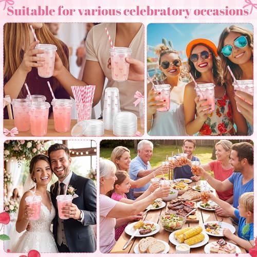 LemonRoad 50 Sets Line Bows Clear Plastic Cups with Lids & Straws 16 oz Pink Party Tumblers for Iced Coffee, Smoothies, Juice & More Cute Disposable Pet Mugs for Birthdays & Gatherings - Image 6
