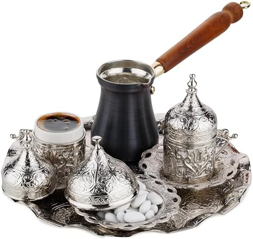 DEMMEX Turkish Greek Arabic Coffee Making and Serving Full Set with Cups Saucers Lids Sugar Bowl Tray and Copper Coffee Pot, 12 Pcs by DEMMEX