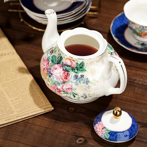 fanquare 21-Piece Blue Lace Porcelain Tea Set, China Coffee Cup and Saucer Set for 6, Pink Flower Tea Sets for Adults Women - Image 5