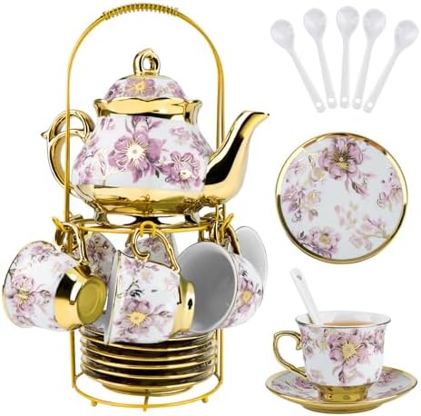 20 Pcs Porcelain Tea Set with Metal Holder,European Ceramic Tea Set by Unknown