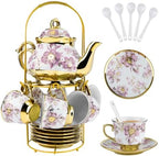 20 Pcs Porcelain Tea Set with Metal Holder,European Ceramic Tea Set by Unknown