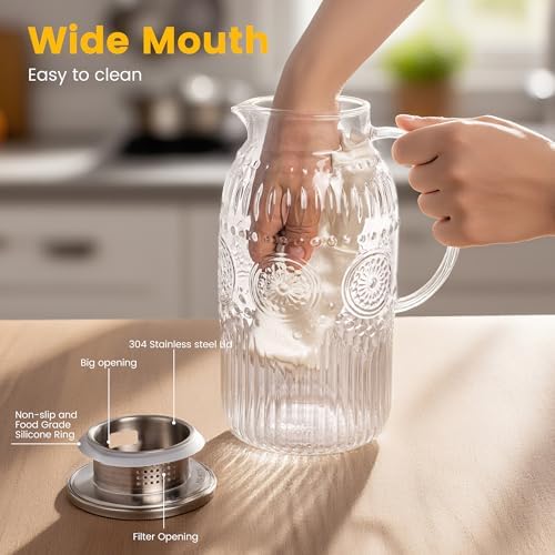Bandesun Glass Pitcher with Lid, 68 oz/ 2 Liter 2Pack Vintage Water Pitcher,Glass Water Carafe for Cold Brew, Coffee, Lemonade, Iced Tea,Beverage, Heat Resistant Jug - Image 4