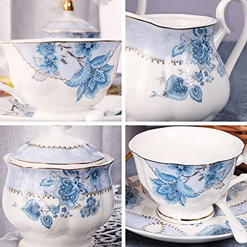 fanquare Blue Flowers Porcelain Tea Set Service for 6 - Image 2