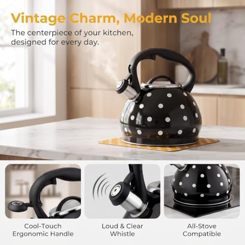 2026 Upgraded Whistling Tea Kettle Stovetop, 3.2qt 304 Stainless Steel Teapot with Polka Dot Design, Retro Cool Touch Teakettle for Gas Induction Electric Stove Black/White 3.2 Quarts - Image 3