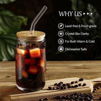 [ 12pcs Set ] Glass Cups with Bamboo Lids and Glass Straw - Beer Shaped Drinking Glasses, 16 oz Iced Coffee Glasses, Cute Tumbler Cup for Smoothie, Boba Tea, Whiskey, Water - 4 Cleaning Brushes - Image 3