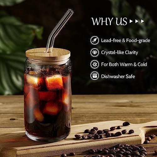 [ 12pcs Set ] Glass Cups with Bamboo Lids and Glass Straw - Beer Shaped Drinking Glasses, 16 oz Iced Coffee Glasses, Cute Tumbler Cup for Smoothie, Boba Tea, Whiskey, Water - 4 Cleaning Brushes - Image 3