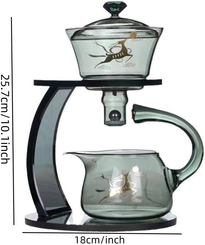 Glass Teapot Set Semi Automatic Drip Rotating with Infuser Chinese Heat-Resistant Lazy Kungfu Tea Set (Grey Deer) - Image 5