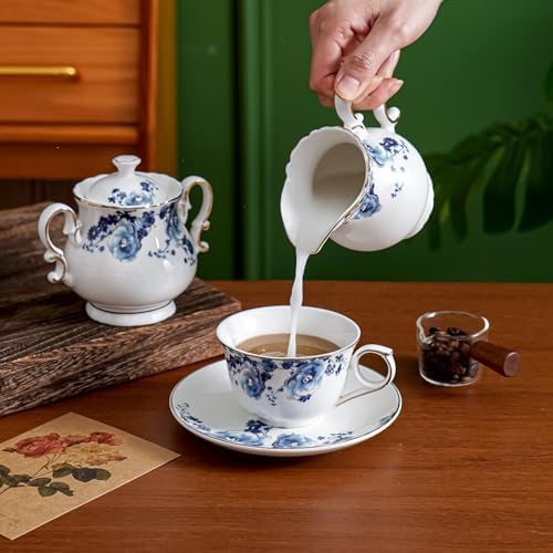 Ceramic Flora Cups with Saucers，5oz Espresso Cups for Latte Coffee Cafe, Specialty Coffee Drinks, Cappuccino and Tea (Blue Flower) - Image 3