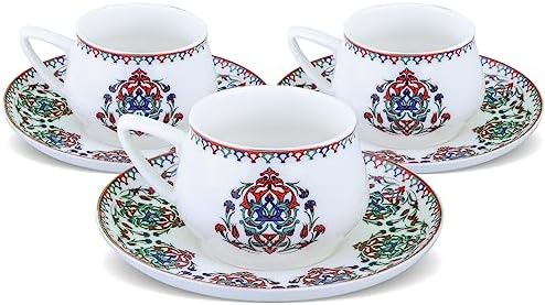 KARACA Nakkas Turkish Coffee Cup Set of 6, (12 Piece) White Cups with Saucers - 3.3 fl oz Small Porcelain Espresso Set - Ideal for Serving Greek, Arabic Coffee by Karaca