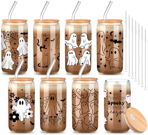 8 Pcs Halloween Ghost Glass Cups with Lids and Straws, 16 oz, Classic by RimCereal