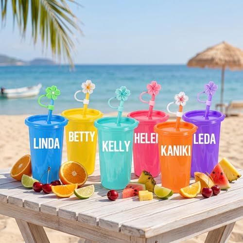 Reallnaive 12 Pack Plastic Party Cups with Lids and Straws 14 oz Reusable Bulk Tumblers Reusable Cups with Lids with Letter Sticker and Straw Cap for Birthday Holiday Events Party Decoration Supplies - Image 5