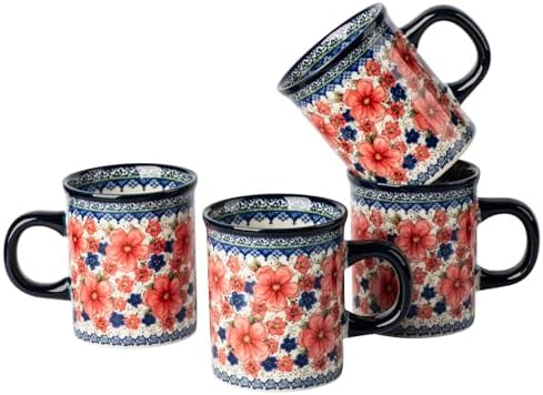 Ceramic Latte Mug Set of 4, 15.5oz Hand Painted Porcelain Coffee Cups With Handle for Tea/Milk/Cocoa - Modern Retro Design For Any Kitchen. Microwave and Dishwash Safe (Snow and Plum) by ONECCI
