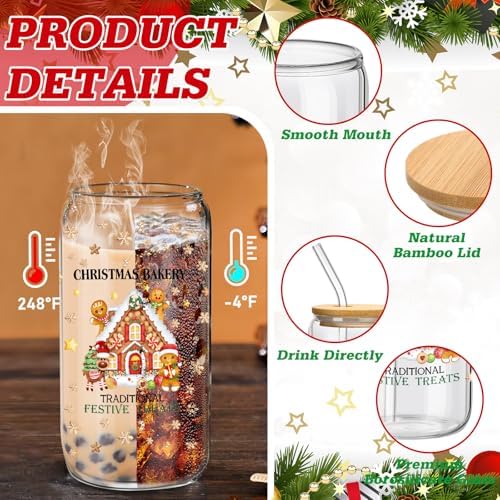 6 Set Christmas Glasses Cups with Bamboo Lid and Glass Straw 16 oz Gingerbread Man Christmas Drinking Cup Beer Iced Coffee Cup Xmas Tumbler Mugs for Women Men Holiday Party Office Gifts - Image 3