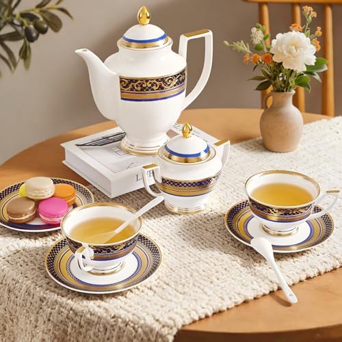 Luxury White & Gold Embossed Tea Cups and Saucers with Teapot, Sugar Bowl, & &Creamer, Vintage European Porcelain Coffee Set for Tea Party, Wedding, Gift (Gold&Navy Blue, 17pcs/set) - Image 3