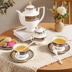 Luxury White & Gold Embossed Tea Cups and Saucers with Teapot, Sugar Bowl, & &Creamer, Vintage European Porcelain Coffee Set for Tea Party, Wedding, Gift (Gold&Navy Blue, 17pcs/set) - Image 3