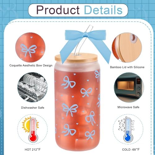 6 Sets 16oz Bow Glass Cups with Bamboo Lids Straws Tumbler,Blue - Image 6