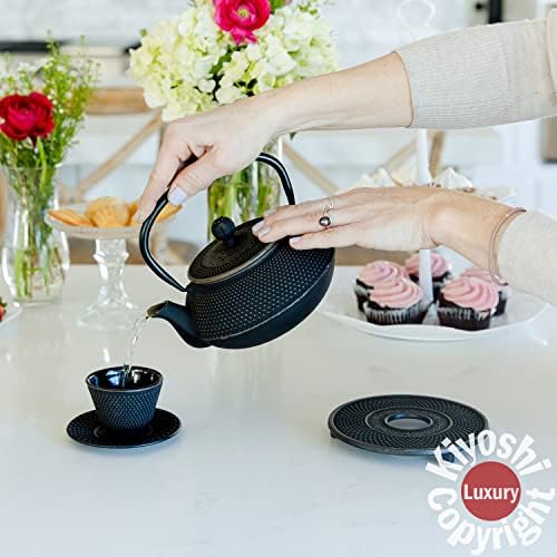 Large 11PC Japanese Tea Set "Gashu Black" Cast Iron Tea Pot 26Oz with 4 Tea Cups (2Oz each), 4 Saucers, Loose Leaf Tea Infuser and Trivet Ceremonial Matcha Accessories - Image 3