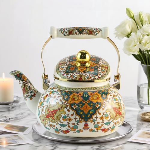 Enamel Tea Kettle 2.5L Vintage Gold Floral Stovetop Teapot Non-Whistling - Image 4