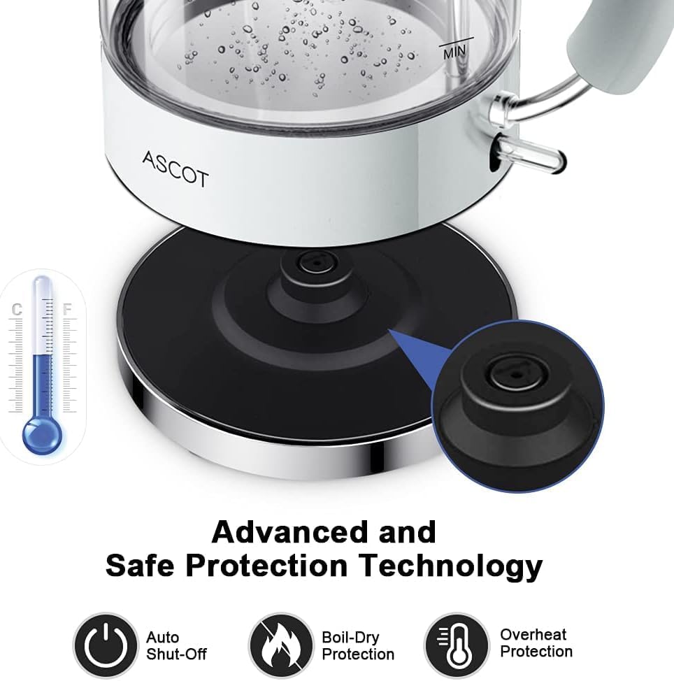 ASCOT Glass Electric Kettle, 1.5L Borosilicate Glass Water Boiler, White - Image 2