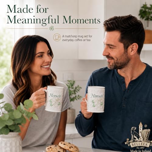 Belleek Classic Himself & Herself 12 oz Irish Coffee Mug Set, Handcrafted Parian China Cups, Shamrock Design, Set of 2, White - Image 6