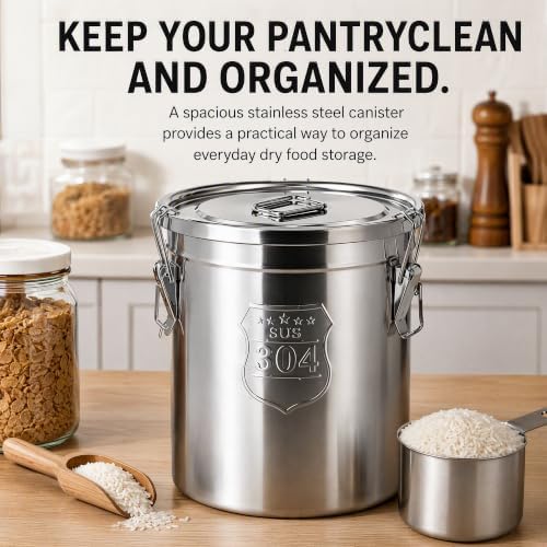 12L/2.64gal Stainless Steel Airtight Canister, Food Storage Canisters with Airtight Lid&Locking Clamp, Rice Container Cereal Grain Canisters, Storager Bucket for Flour, Coffee Bean, Sugar, Cookie - Image 6
