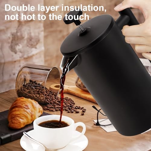 Stainless Steel French Press Coffee Maker 34Oz 1000ml, Double Wall Insulated Coffee Press with 3-Level Filtration, No Plastic Touching Cafe, Dishwasher Safe Tea Brewer for Camping Travel Gift - Image 2