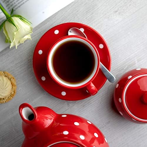 City to Cottage Handmade Red and White Polka Dot Ceramic 8.4oz/250ml | Cappuccino, Coffee, Tea Cup and Saucer, Unique Designer Pottery for Tea Lovers - Image 3