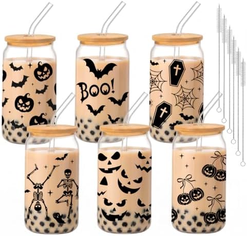 Halloween Glass Cups with Lids and Straws, 6 Pack, 16oz, Black by Culudea