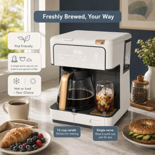 Multi-Brew Coffee Maker – 12-Cup Carafe & Single-Serve Pod or Grounds, Iced Coffee Mode, Programmable Touch Display, Includes Filters (White Icing) - Image 2
