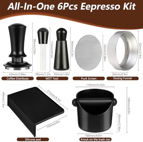 Espresso Accessories,6 PCS Espresso Machine Accessories Kit,Coffee Tamper Tools Set with Espresso Tamper,Coffee Tamping Mat,WDT Distribution Tool,Knock Box,Dosing Funnel and Puck Screen(54mm) - Image 3