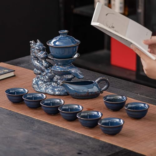 Ceramic Teapot with Infuser Semi Automatic Tea Set Magic Teapot with 8 cups Gradient Color (Blue Dragon- B) - Image 5
