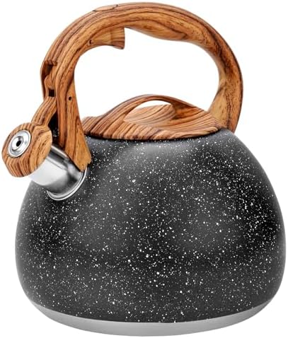 GGC Tea Kettle for Stove Top, Loud Whistling Kettle for Boiling Water Coffee or Milk, 3.1 Quart Heavy Stainless Steel Starry Black Kettle with Wood Pattern Handle, Unique Button Control Kettle Outlet by GGCProducts