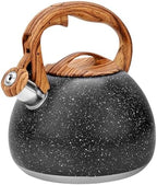 GGC Tea Kettle for Stove Top, Loud Whistling Kettle for Boiling Water Coffee or Milk, 3.1 Quart Heavy Stainless Steel Starry Black Kettle with Wood Pattern Handle, Unique Button Control Kettle Outlet by GGCProducts