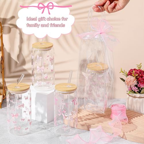 Mumufy 8 Sets Pink Bow Cute Glass Cups Bulk with Lids Straws, 16 Oz - Image 6