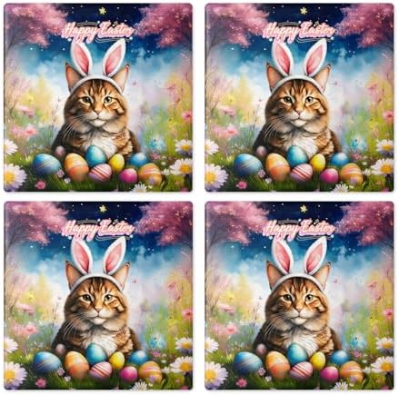 Happy Easter Maine Coon with Bunny Ear Headband and Flowers Set of 4 Stone Coasters Cat Lover Kitten Owner Gifts 4x4in Absorbent Soapstone Coaster 13001 - Image 2
