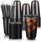 tchrules 100 Set 18oz Black Plastic Disposable Cups with Lids and Straws by TCHRULESHOME
