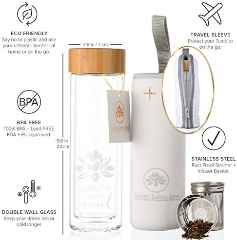 Sacred Lotus Love Double-Walled Glass Tea Tumbler with Infuser and Strainer 15oz - Perfect for Loose Leaf Tea, Cold or Hot Water Bottle, Fruit Drinks - Comes with Travel Sleeve and Cozy - Image 6