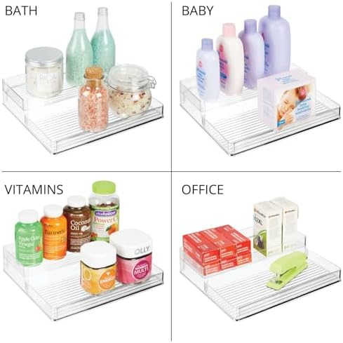 mDesign Plastic Kitchen Food Storage Organizer Shelves, Spice Rack Holder for Cabinet, Cupboard, Countertop, Pantry - Holds Jars, Baking Supplies, Canned Food - 2 Levels - 2 Pack - Clear - Image 5