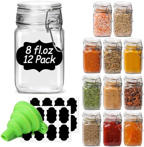 ComSaf Square Small 8 oz Glass Spice Jars with Airtight Lids 12 Pack Pantry by ComSaf