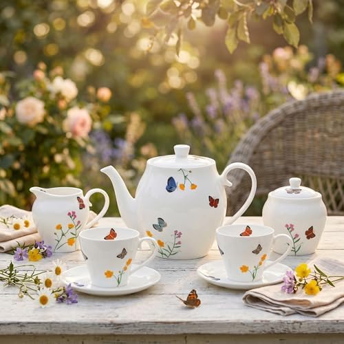 Zhehao 7-Piece British Porcelain Tea Set for Adults, Vintage Butterfly Floral Tea Party Set with 32oz Teapot, 7oz Cups and Saucers Creamer Sweet Bowl, Elegant Luxury Gift for Women Wedding Birthday by Zhehao