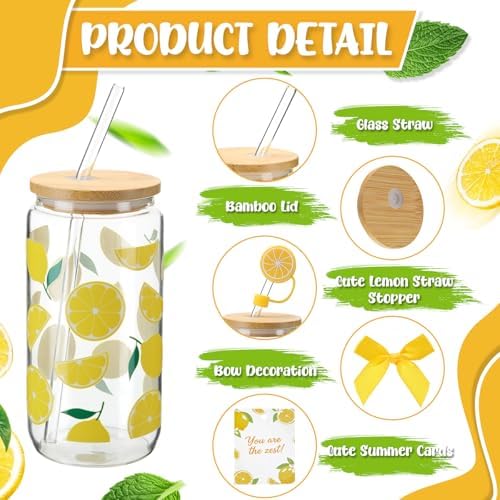 Vesici 6 Set Lemon Glass Cups 16 oz Summer Drinking Tumbler with Lid Straw and Stopper Can Shaped Beer Iced Coffee Cup Appreciation Gifts with Cards and Bow for Summer Party Favor Decorations - Image 3