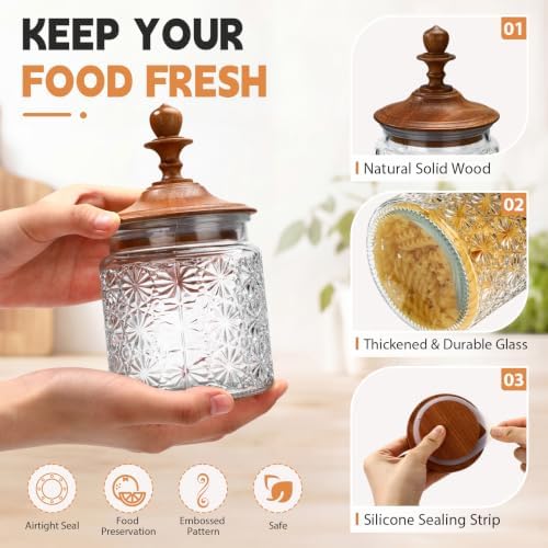 Suclain 6 Pack 17 oz Glass Spice Jars with Dark Wood Lids Vintage Canisters with Star Pattern Airtight Food Storage Container for Home Kitchen Tea Coffee Spice Pantry Organization Decorations - Image 3