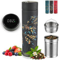 Farasi Tea Infuser for Loose Leaf Tea Smart Water Bottle with Fahrenheit Temperature Display, Stainless Steel Insulated Coffee and Fruit Tea Infuser Bottle - Floral Travel Tea Mugs 15 oz (Black) by WellnessHydrationBeyond